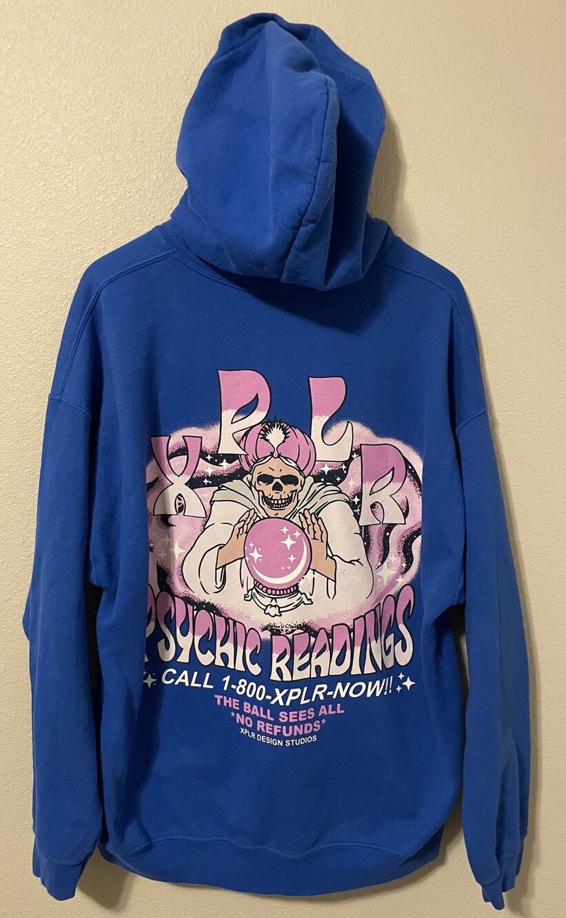 XPLR Hoodie Mens XL Blue Psychic Readings Graphic Skull Moon Fleece Horror READ